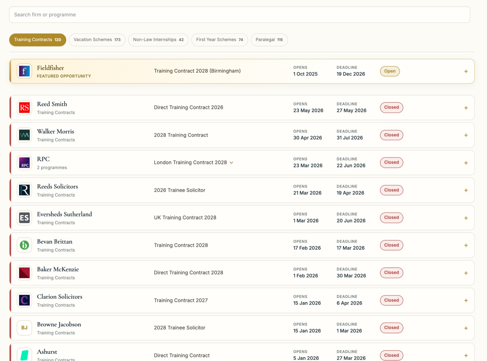 UK law training contracts on the Eros deadlines board, each with its opening date, deadline and status.
