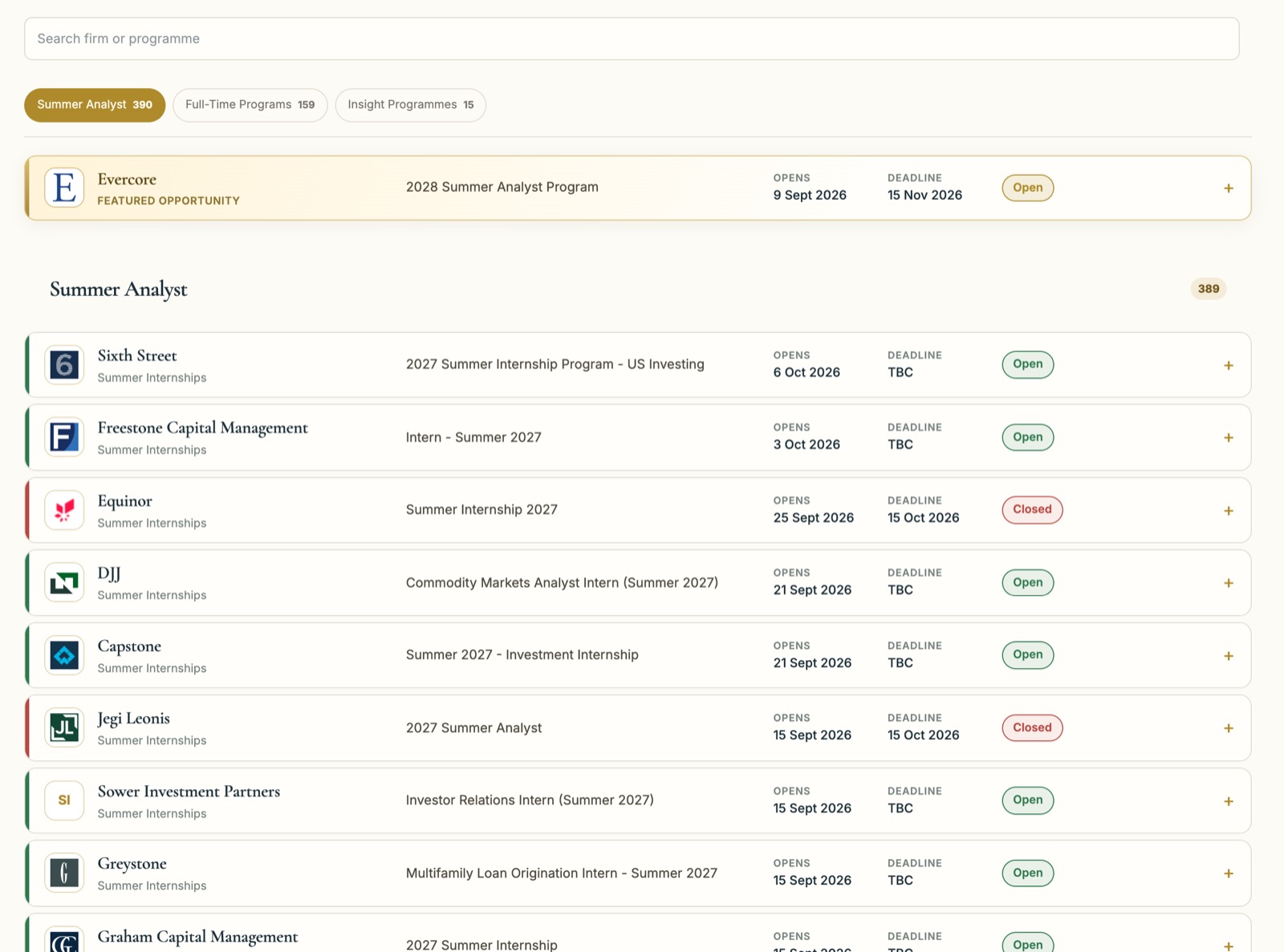 US finance summer analyst programmes on the Eros deadlines board, each with its opening date, deadline and status.